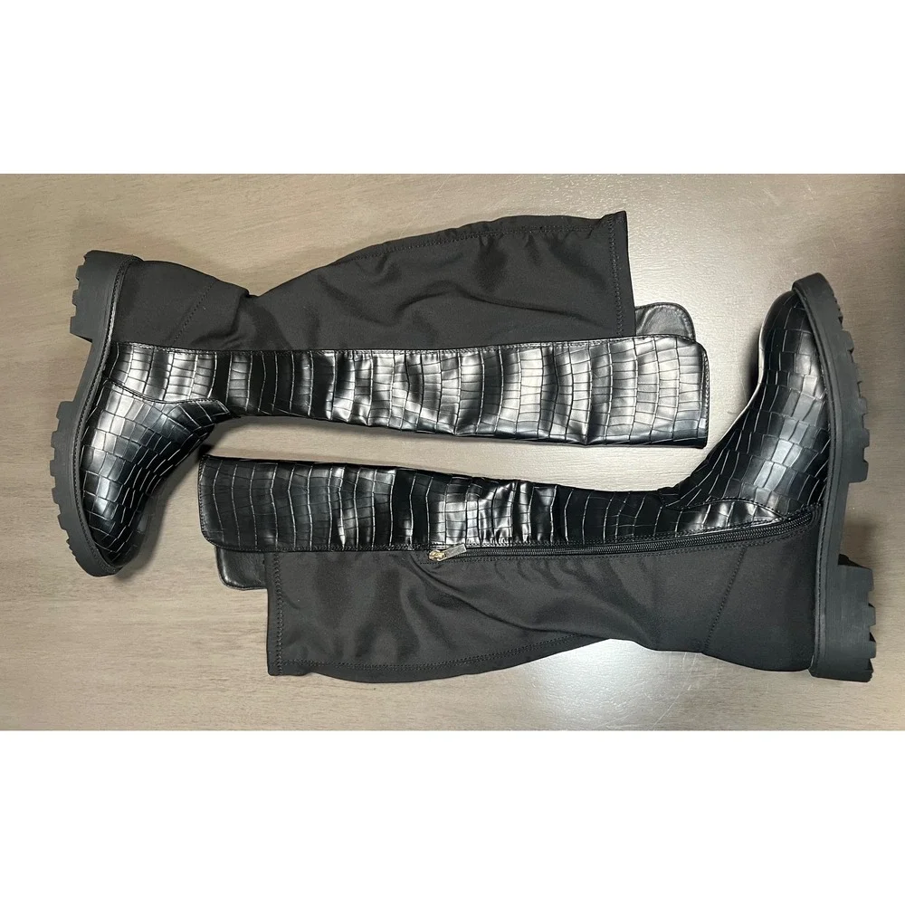 Black Croc Embossed Over The Knee Lug Sole Boots Stretch Back Sz 10